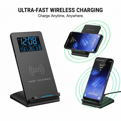 Alarm Clock Wireless Charger Mobile Phone Holder Perpetual Calendar Temperature Bedside Desktop