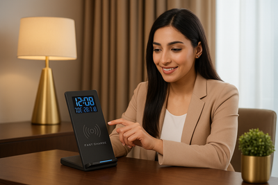 Alarm Clock Wireless Charger Mobile Phone Holder Perpetual Calendar Temperature Bedside Desktop